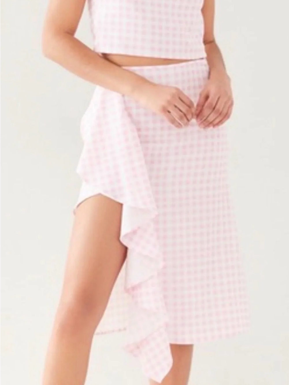 Sokie Collective Midi Skirt Pink/White Gingham Ruffle Asymmetric, Zip, XS, NWT